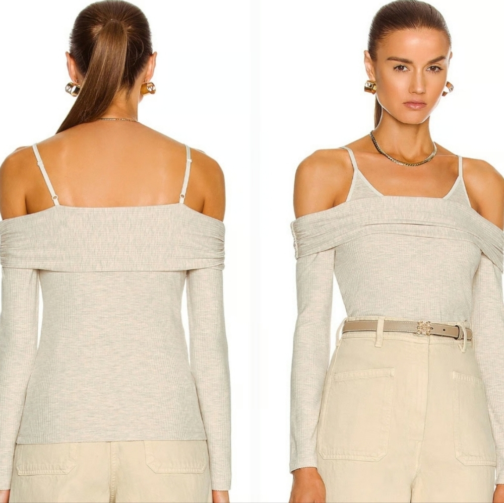 Jonathan Simkhai Standard Piper Off Shoulder Long Sleeve Oatmeal Heather Top